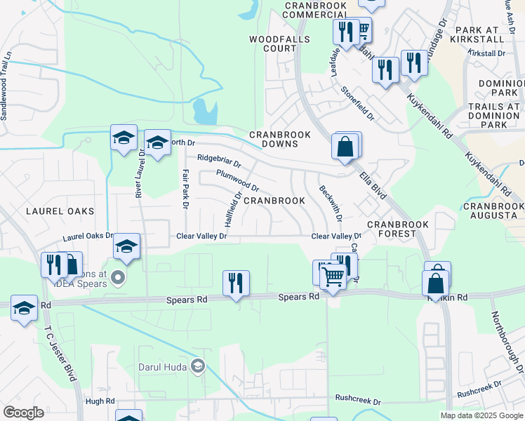 map of restaurants, bars, coffee shops, grocery stores, and more near 1439 Newmark Drive in Houston