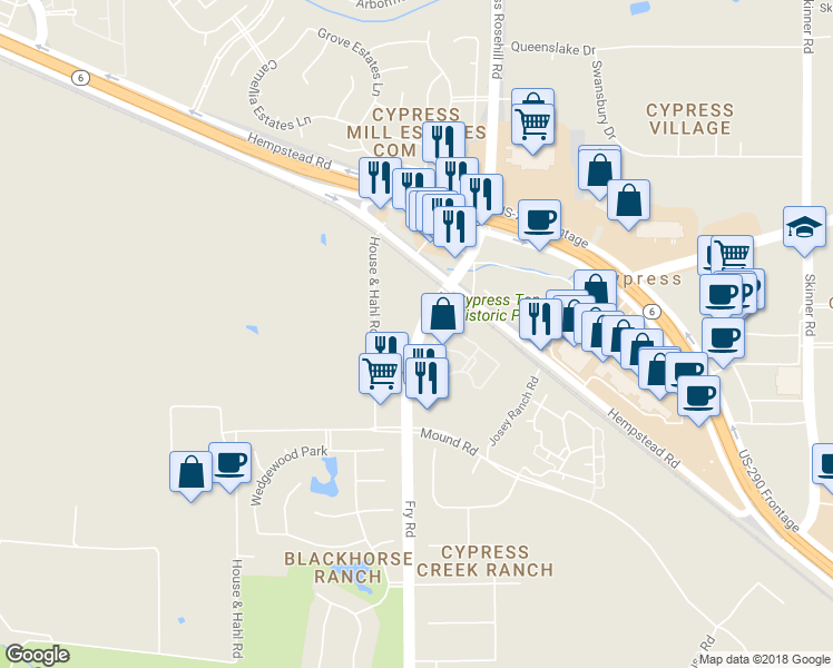 map of restaurants, bars, coffee shops, grocery stores, and more near 13157 Fry Road in Cypress