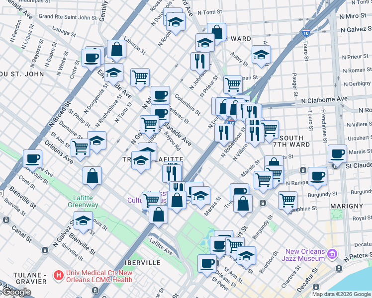 map of restaurants, bars, coffee shops, grocery stores, and more near 1341 N Derbigny St in New Orleans