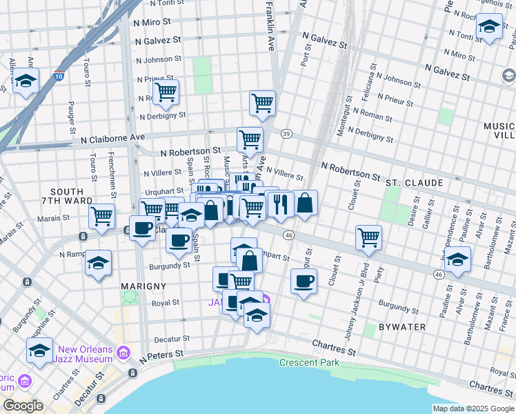 map of restaurants, bars, coffee shops, grocery stores, and more near 2619 Marais Street in New Orleans