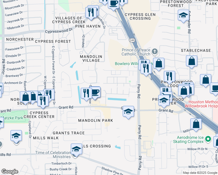 map of restaurants, bars, coffee shops, grocery stores, and more near 13623 Baxter Hills Lane in Houston