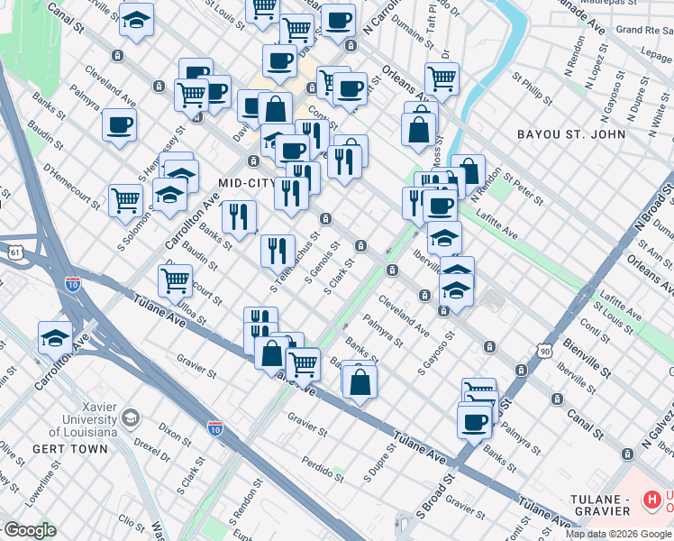 map of restaurants, bars, coffee shops, grocery stores, and more near 3501 Cleveland Avenue in New Orleans