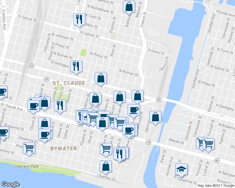 map of restaurants, bars, coffee shops, grocery stores, and more near 1517 Mazant Street in New Orleans
