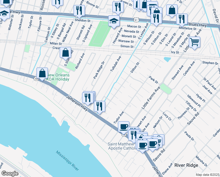 map of restaurants, bars, coffee shops, grocery stores, and more near 517 Arnold Avenue in River Ridge