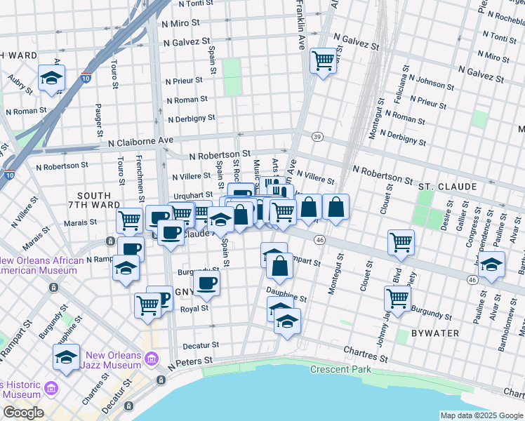map of restaurants, bars, coffee shops, grocery stores, and more near 2500 Marais Street in New Orleans