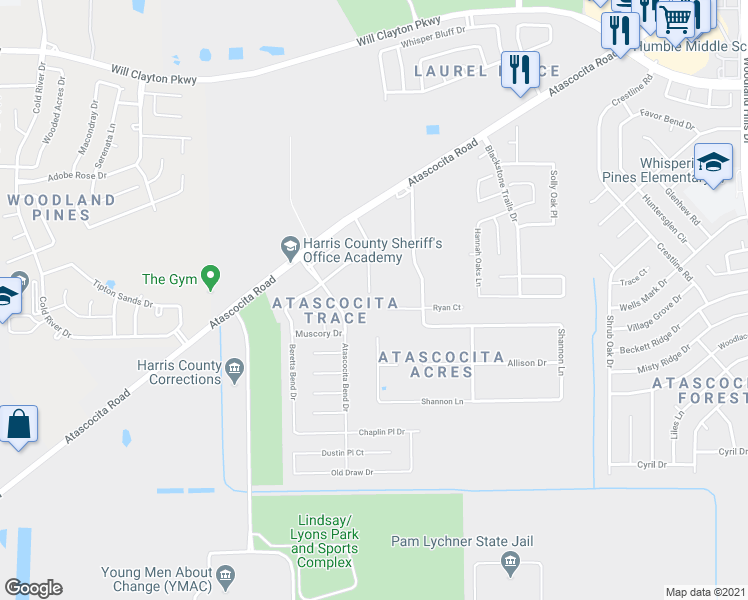 map of restaurants, bars, coffee shops, grocery stores, and more near 17306 Wigeon Way Drive in Humble