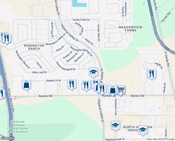 map of restaurants, bars, coffee shops, grocery stores, and more near 18403 Desert Marigold Drive in Houston