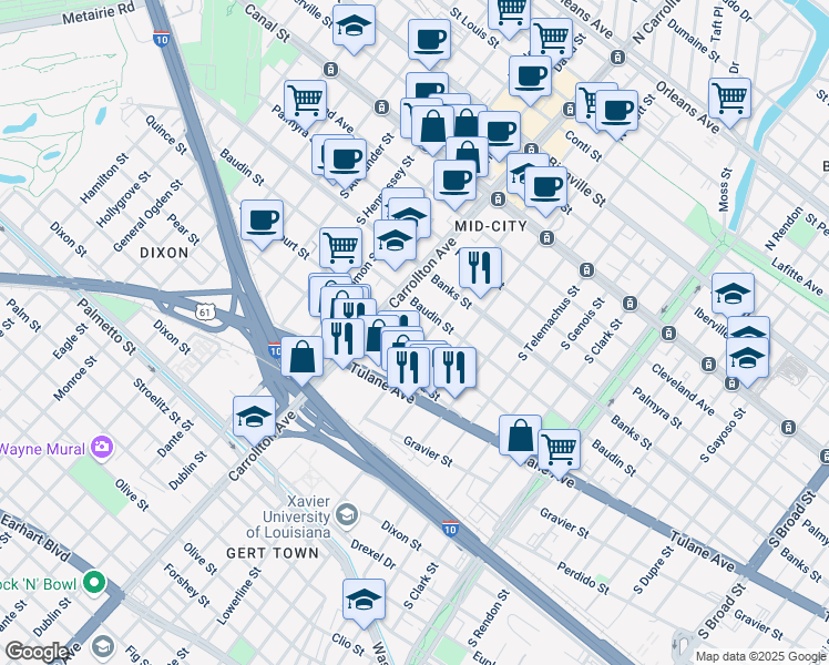map of restaurants, bars, coffee shops, grocery stores, and more near 4007 D Hemecourt Street in New Orleans