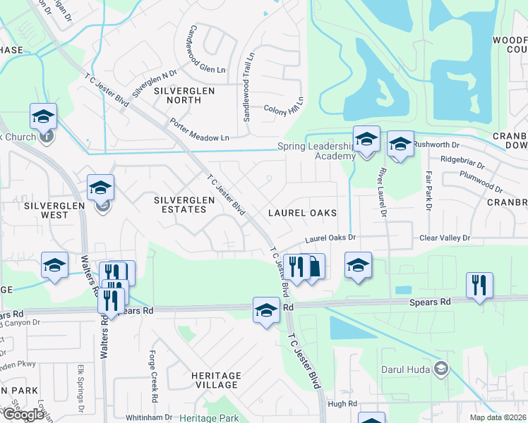 map of restaurants, bars, coffee shops, grocery stores, and more near 12526 Laurel Haven Way in Houston