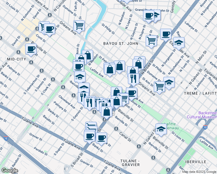 map of restaurants, bars, coffee shops, grocery stores, and more near 416 North Dupre Street in New Orleans