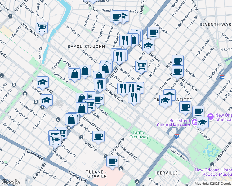map of restaurants, bars, coffee shops, grocery stores, and more near 2549 Orleans Avenue in New Orleans