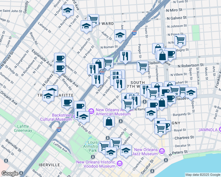 map of restaurants, bars, coffee shops, grocery stores, and more near 1348 Saint Bernard Avenue in New Orleans