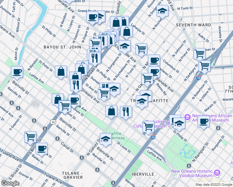 map of restaurants, bars, coffee shops, grocery stores, and more near in New Orleans