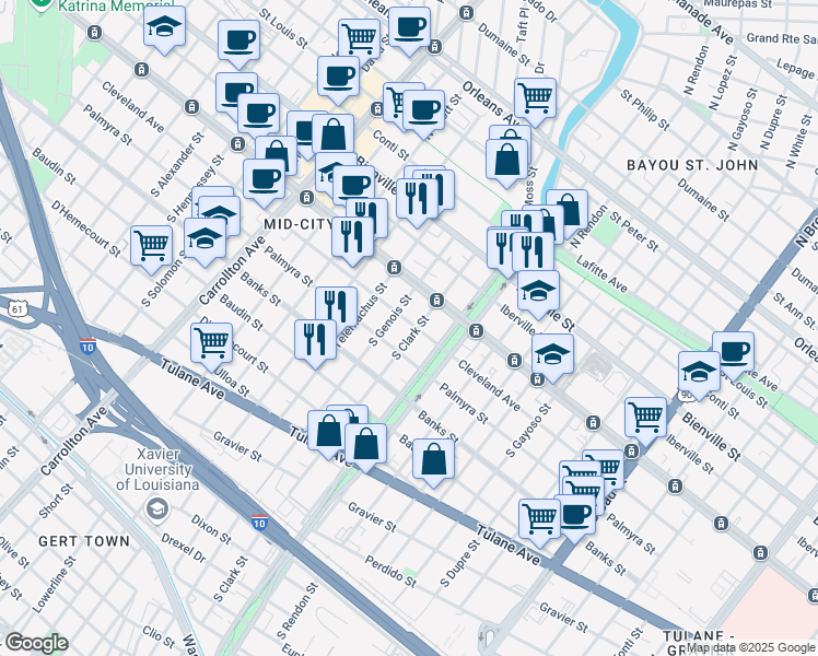 map of restaurants, bars, coffee shops, grocery stores, and more near 3501 Cleveland Avenue in New Orleans