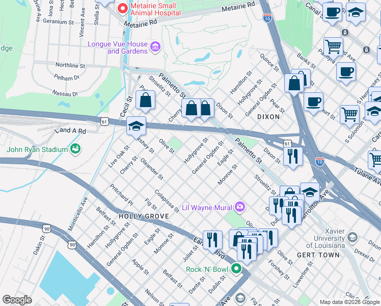 map of restaurants, bars, coffee shops, grocery stores, and more near 9016 Edinburgh Street in New Orleans