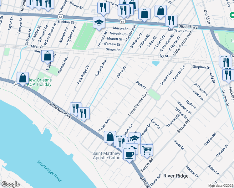 map of restaurants, bars, coffee shops, grocery stores, and more near 10515 Alan Street in River Ridge