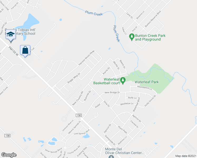 map of restaurants, bars, coffee shops, grocery stores, and more near 261 Karrie Drive in Kyle