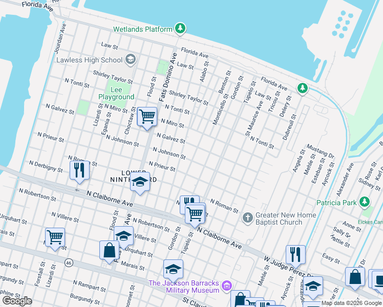 map of restaurants, bars, coffee shops, grocery stores, and more near 2024 Benton Street in New Orleans