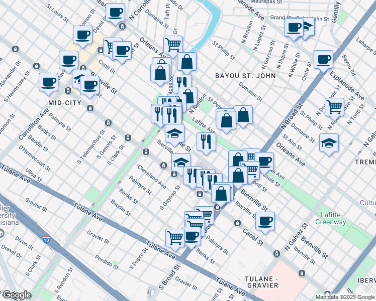 map of restaurants, bars, coffee shops, grocery stores, and more near 3102 Bienville Street in New Orleans