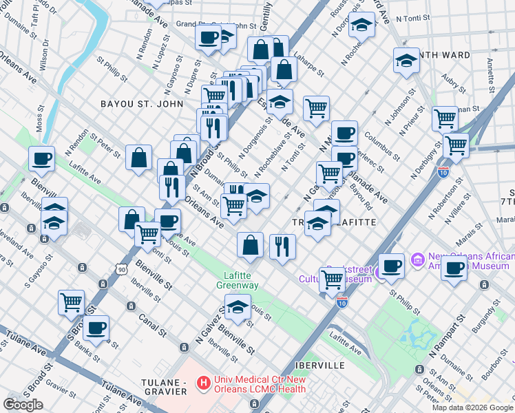 map of restaurants, bars, coffee shops, grocery stores, and more near in New Orleans