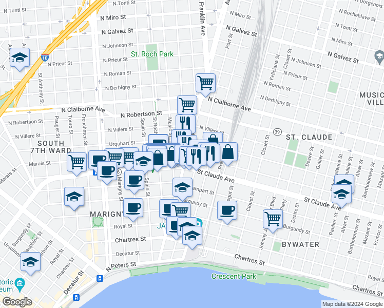 map of restaurants, bars, coffee shops, grocery stores, and more near 2613 Marais Street in New Orleans