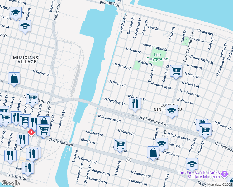 map of restaurants, bars, coffee shops, grocery stores, and more near 1744 Tennessee Street in New Orleans