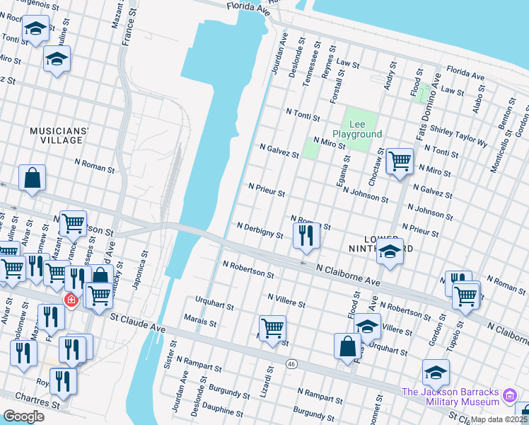 map of restaurants, bars, coffee shops, grocery stores, and more near 1744 Tennessee Street in New Orleans