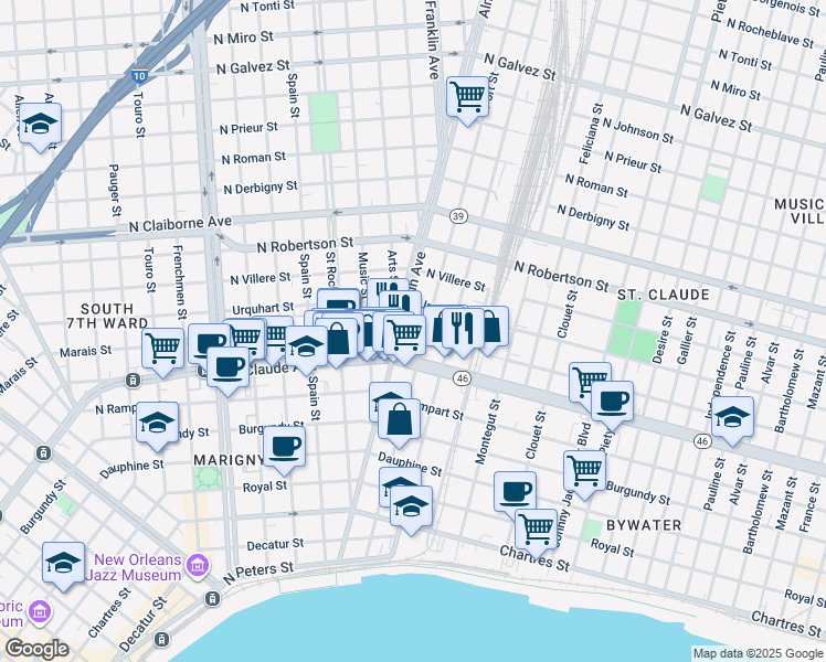 map of restaurants, bars, coffee shops, grocery stores, and more near 2617 Marais Street in New Orleans