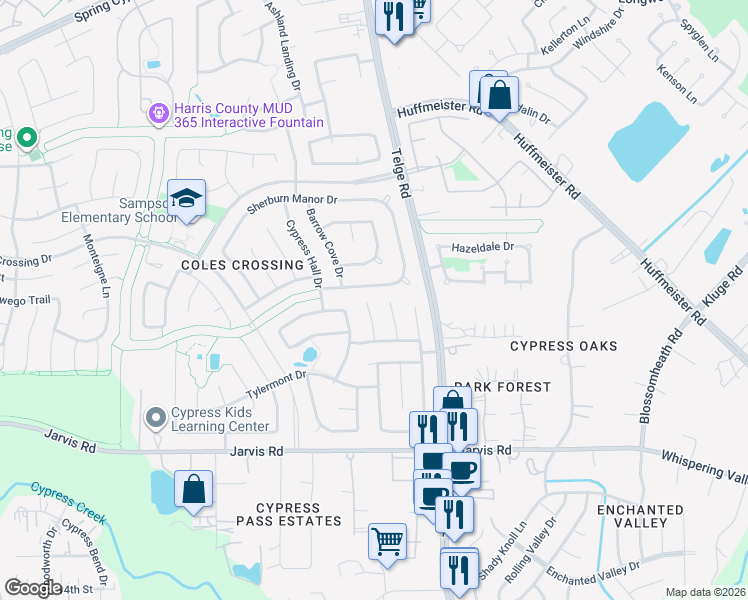 map of restaurants, bars, coffee shops, grocery stores, and more near 13134 Avalange Court in Cypress