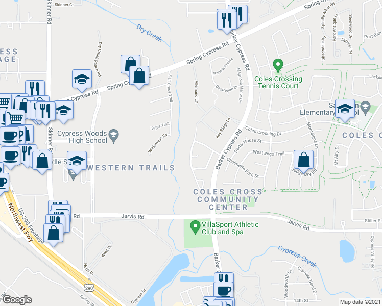 map of restaurants, bars, coffee shops, grocery stores, and more near 13407 Far Point Manor Court in Cypress