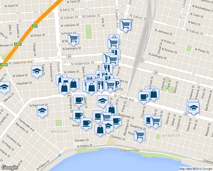 map of restaurants, bars, coffee shops, grocery stores, and more near Franklin Ave & Marais St in New Orleans