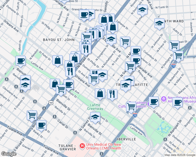 map of restaurants, bars, coffee shops, grocery stores, and more near 2416 Dumaine Street in New Orleans