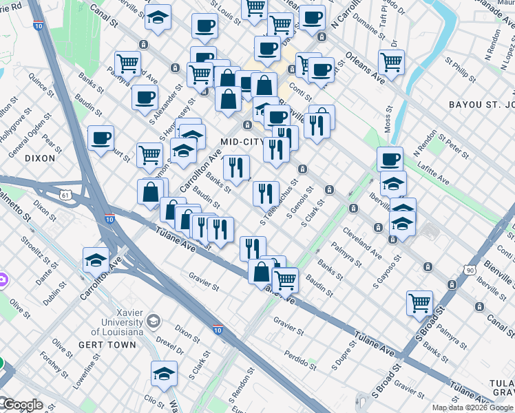map of restaurants, bars, coffee shops, grocery stores, and more near 340 South Cortez Street in New Orleans
