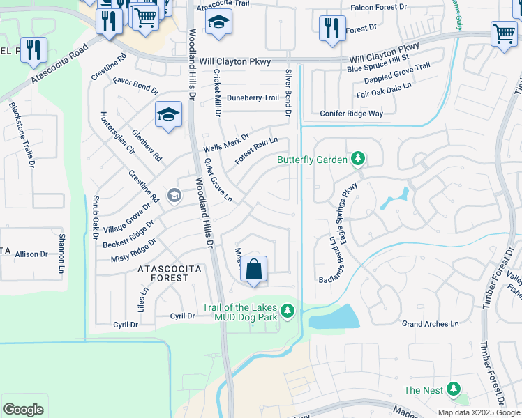 map of restaurants, bars, coffee shops, grocery stores, and more near 4110 Wood Arbor Court in Atascocita