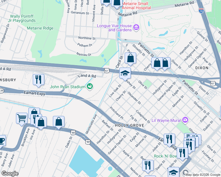 map of restaurants, bars, coffee shops, grocery stores, and more near 9413 Colapissa Street in New Orleans