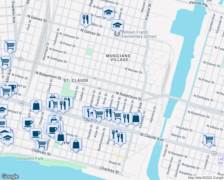 map of restaurants, bars, coffee shops, grocery stores, and more near 3925 North Robertson Street in New Orleans