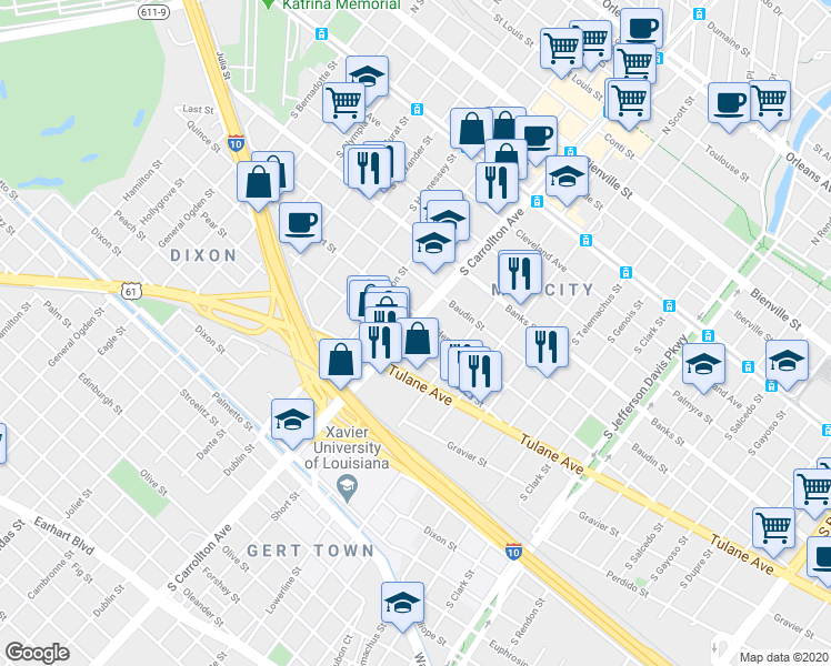 map of restaurants, bars, coffee shops, grocery stores, and more near 4222 South Carrollton Avenue in New Orleans
