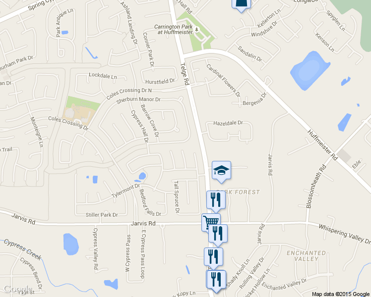 map of restaurants, bars, coffee shops, grocery stores, and more near 13138 Tarbet Place Court in Cypress