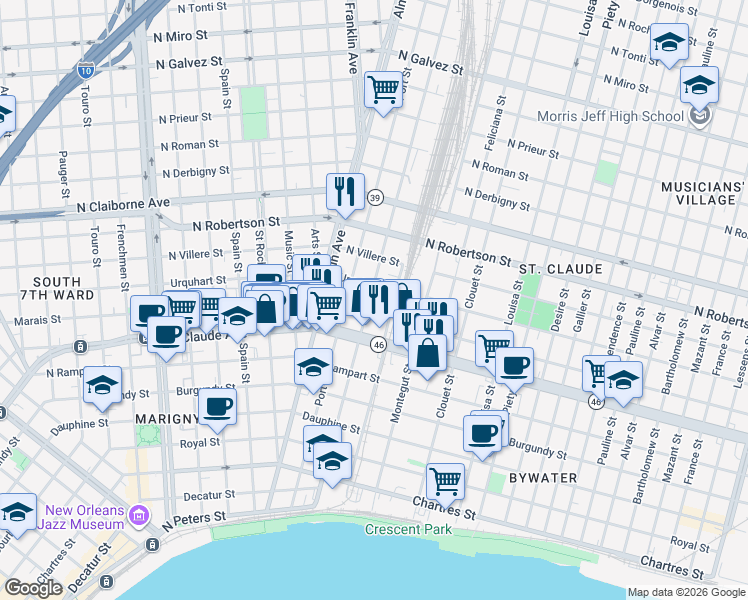 map of restaurants, bars, coffee shops, grocery stores, and more near 1222 Saint Ferdinand Street in New Orleans