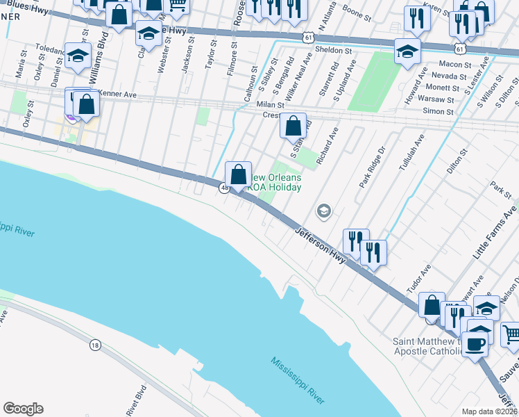 map of restaurants, bars, coffee shops, grocery stores, and more near 133 South Cumberland Street in River Ridge