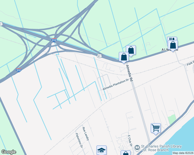 map of restaurants, bars, coffee shops, grocery stores, and more near 300 Eisenhower Street in Saint Rose