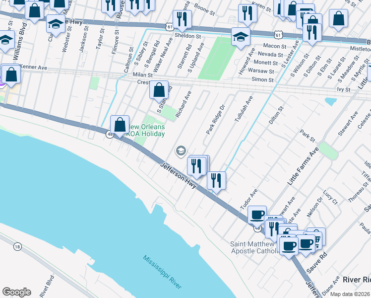 map of restaurants, bars, coffee shops, grocery stores, and more near 300 Sophia Street in River Ridge