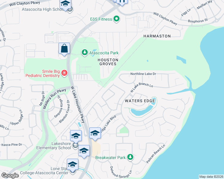 map of restaurants, bars, coffee shops, grocery stores, and more near 16943 Lake Arlington Lane in Houston