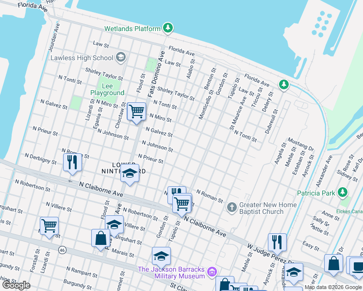 map of restaurants, bars, coffee shops, grocery stores, and more near 2024 Benton Street in New Orleans