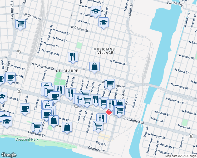 map of restaurants, bars, coffee shops, grocery stores, and more near 3925 North Robertson Street in New Orleans