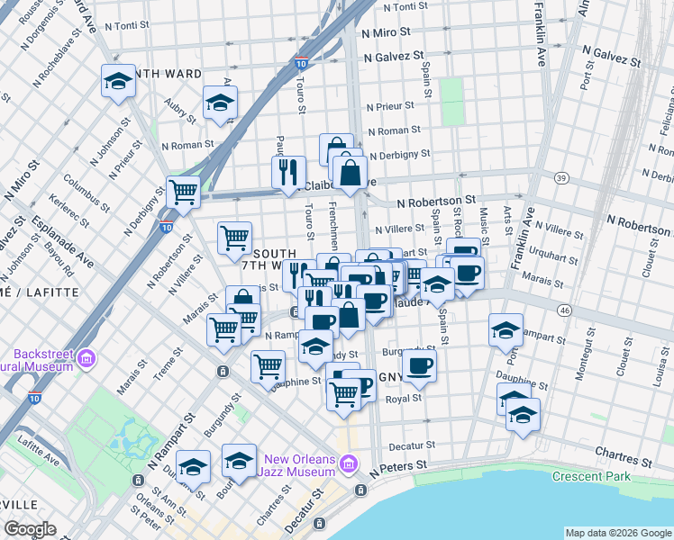 map of restaurants, bars, coffee shops, grocery stores, and more near 1222 Frenchmen Street in New Orleans