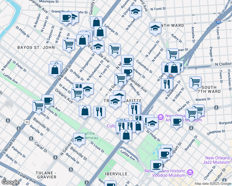 map of restaurants, bars, coffee shops, grocery stores, and more near 1120 North Johnson Street in New Orleans