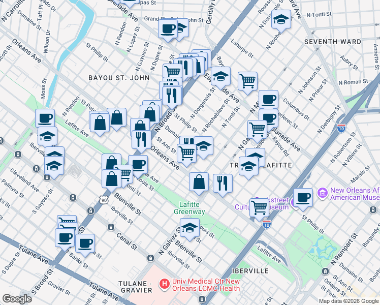 map of restaurants, bars, coffee shops, grocery stores, and more near 815 North Rocheblave Street in New Orleans