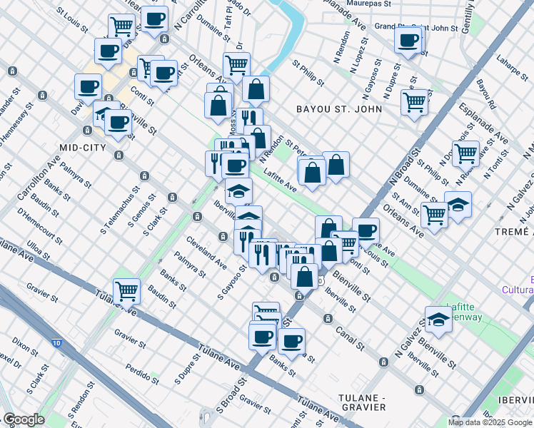 map of restaurants, bars, coffee shops, grocery stores, and more near 3102 Bienville Street in New Orleans