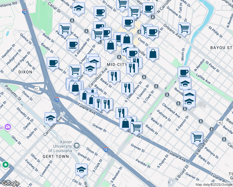 map of restaurants, bars, coffee shops, grocery stores, and more near 3816 Banks Street in New Orleans